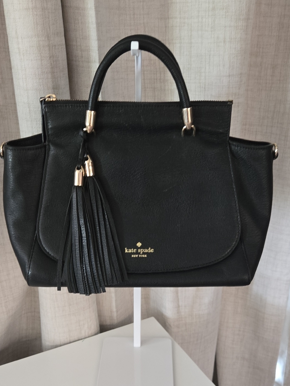 kate spade Black Leather Satchel with Tassel Accent
